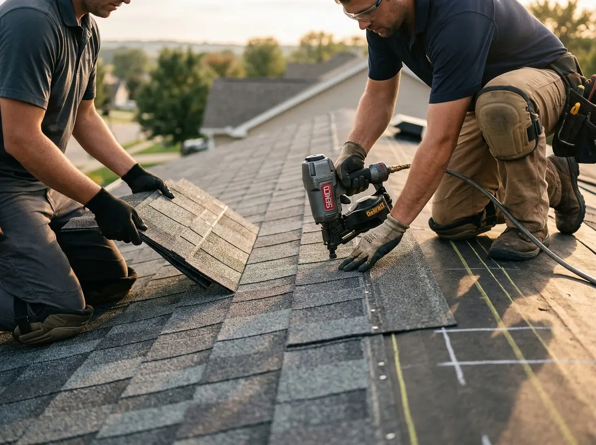 Professional roofer working on a residential roof in Old Orchard Beach